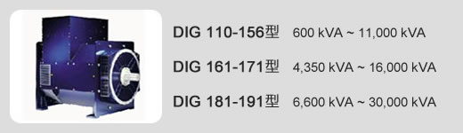 DIG 110-156型   600 kVA ~ 11,000 kVA / DIG 161-171型   4,350 kVA ~ 16,000 kVA / DIG 181-191型   6,600 kVA ~ 30,000 kVA